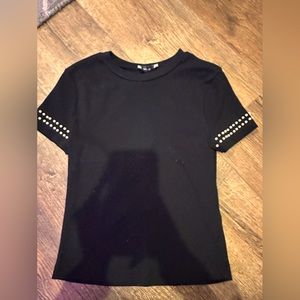 Zara trf top black with pearl sleeves, ribbed short sleeve